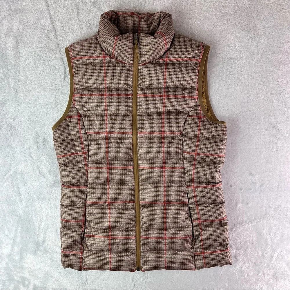 Eddie Bauer‎ Women's 650 Puffer Vest Plaid XS Goose Down Full Zip Brown Red Prep
